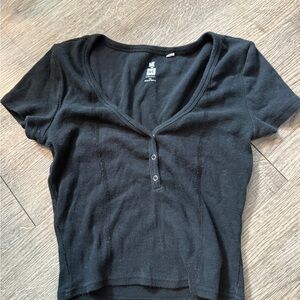 Black V-Neck Buttoned Women's Top